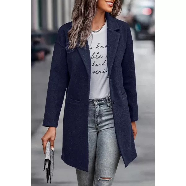 imagePRETTYGARDEN Womens 2024 Plaid Shacket Jacket Casual Button Wool Blend Winter Tartan Trench Coat With PocketsSolid Navy