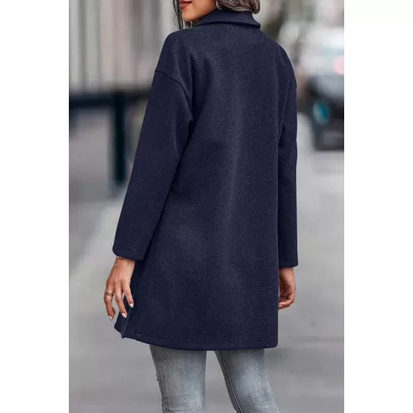 imagePRETTYGARDEN Womens 2024 Plaid Shacket Jacket Casual Button Wool Blend Winter Tartan Trench Coat With PocketsSolid Navy