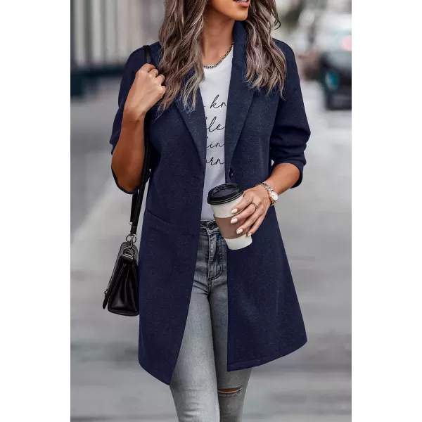 imagePRETTYGARDEN Womens 2024 Plaid Shacket Jacket Casual Button Wool Blend Winter Tartan Trench Coat With PocketsSolid Navy