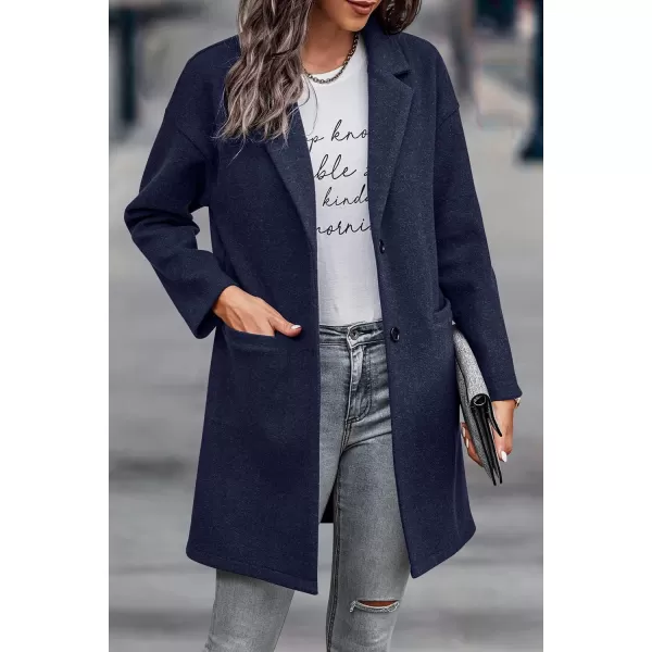 imagePRETTYGARDEN Womens 2024 Plaid Shacket Jacket Casual Button Wool Blend Winter Tartan Trench Coat With PocketsSolid Navy