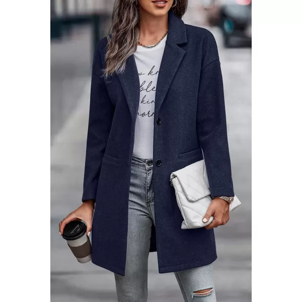 imagePRETTYGARDEN Womens 2024 Plaid Shacket Jacket Casual Button Wool Blend Winter Tartan Trench Coat With PocketsSolid Navy