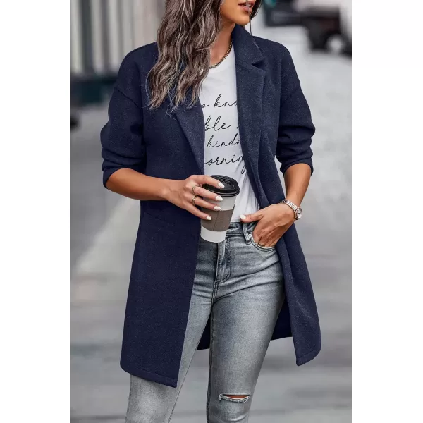 imagePRETTYGARDEN Womens 2024 Plaid Shacket Jacket Casual Button Wool Blend Winter Tartan Trench Coat With PocketsSolid Navy