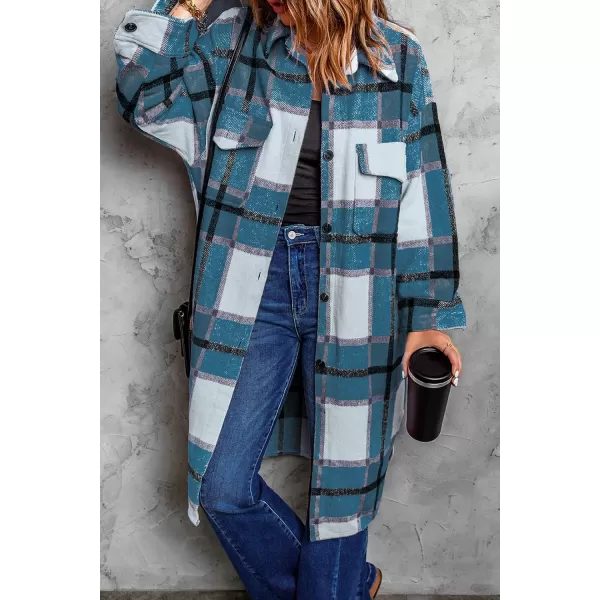 imagePRETTYGARDEN Womens 2024 Plaid Shacket Jacket Long Sleeve Button Down Shirts Fashion Winter Wool CoatsBlue Green