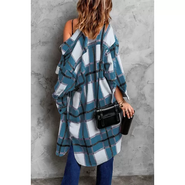 imagePRETTYGARDEN Womens 2024 Plaid Shacket Jacket Long Sleeve Button Down Shirts Fashion Winter Wool CoatsBlue Green