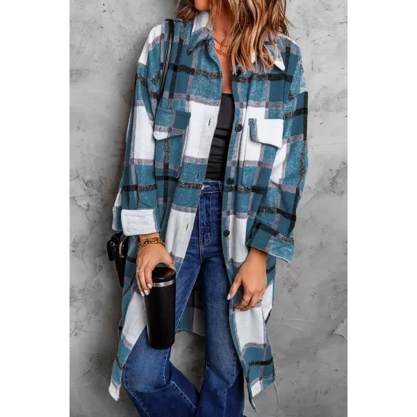 imagePRETTYGARDEN Womens 2024 Plaid Shacket Jacket Long Sleeve Button Down Shirts Fashion Winter Wool CoatsBlue Green