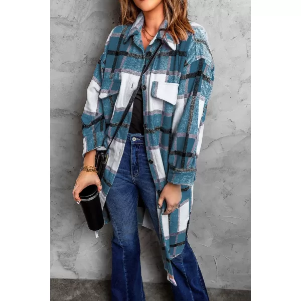 imagePRETTYGARDEN Womens 2024 Plaid Shacket Jacket Long Sleeve Button Down Shirts Fashion Winter Wool CoatsBlue Green