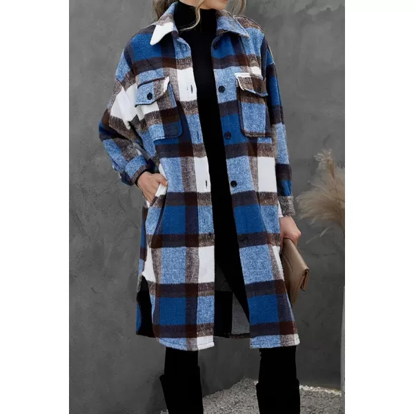 imagePRETTYGARDEN Womens 2024 Plaid Shacket Jacket Long Sleeve Button Down Shirts Fashion Winter Wool CoatsDark Blue