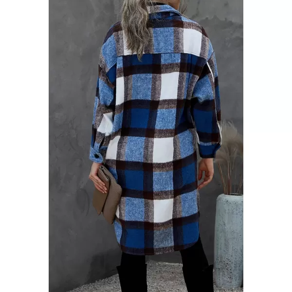 imagePRETTYGARDEN Womens 2024 Plaid Shacket Jacket Long Sleeve Button Down Shirts Fashion Winter Wool CoatsDark Blue