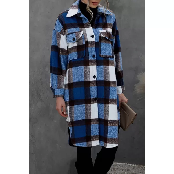 imagePRETTYGARDEN Womens 2024 Plaid Shacket Jacket Long Sleeve Button Down Shirts Fashion Winter Wool CoatsDark Blue