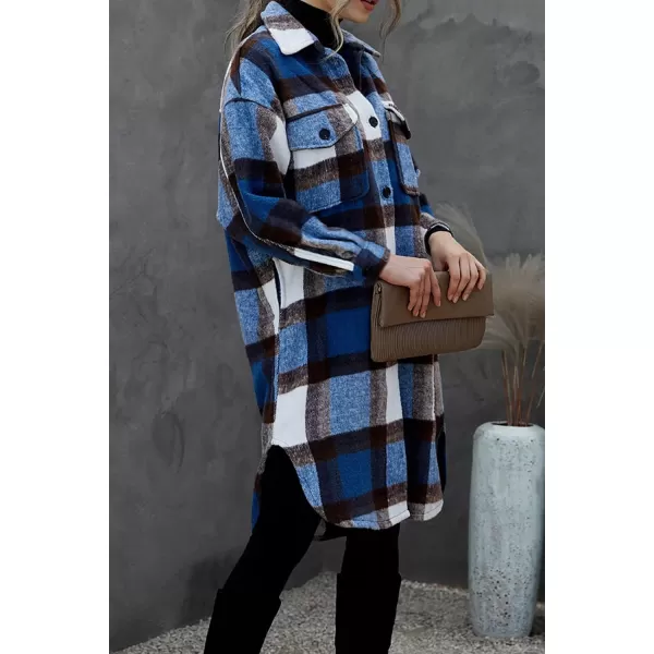 imagePRETTYGARDEN Womens 2024 Plaid Shacket Jacket Long Sleeve Button Down Shirts Fashion Winter Wool CoatsDark Blue
