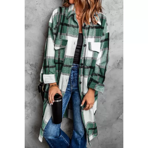 imagePRETTYGARDEN Womens 2024 Plaid Shacket Jacket Long Sleeve Button Down Shirts Fashion Winter Wool CoatsGreen