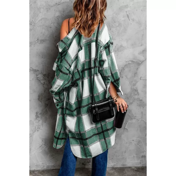 imagePRETTYGARDEN Womens 2024 Plaid Shacket Jacket Long Sleeve Button Down Shirts Fashion Winter Wool CoatsGreen