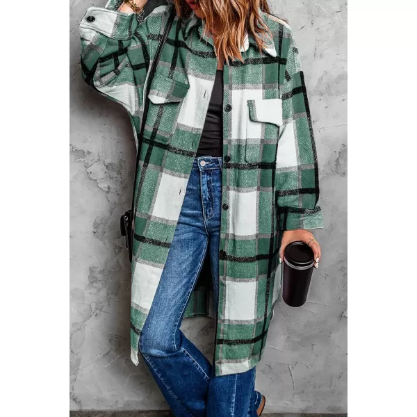imagePRETTYGARDEN Womens 2024 Plaid Shacket Jacket Long Sleeve Button Down Shirts Fashion Winter Wool CoatsGreen