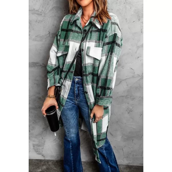 imagePRETTYGARDEN Womens 2024 Plaid Shacket Jacket Long Sleeve Button Down Shirts Fashion Winter Wool CoatsGreen
