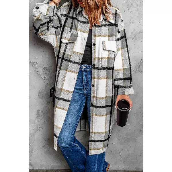 imagePRETTYGARDEN Womens 2024 Plaid Shacket Jacket Long Sleeve Button Down Shirts Fashion Winter Wool CoatsGrey
