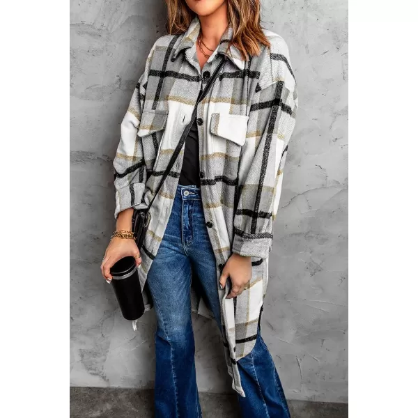 imagePRETTYGARDEN Womens 2024 Plaid Shacket Jacket Long Sleeve Button Down Shirts Fashion Winter Wool CoatsGrey