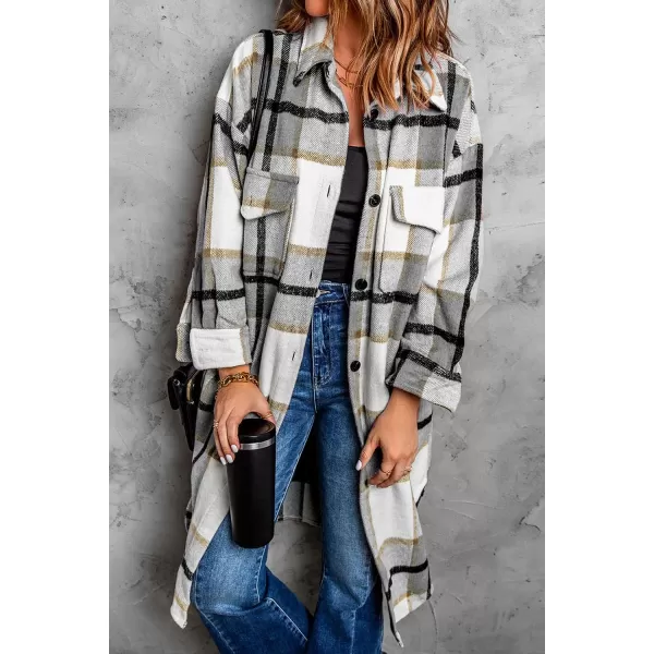 imagePRETTYGARDEN Womens 2024 Plaid Shacket Jacket Long Sleeve Button Down Shirts Fashion Winter Wool CoatsGrey