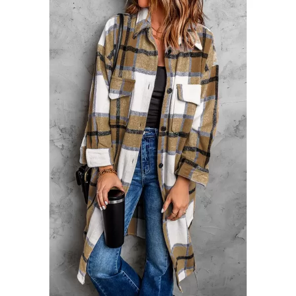 imagePRETTYGARDEN Womens 2024 Plaid Shacket Jacket Long Sleeve Button Down Shirts Fashion Winter Wool CoatsKhaki