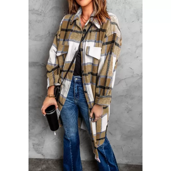 imagePRETTYGARDEN Womens 2024 Plaid Shacket Jacket Long Sleeve Button Down Shirts Fashion Winter Wool CoatsKhaki