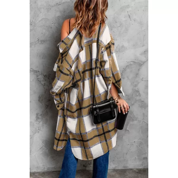 imagePRETTYGARDEN Womens 2024 Plaid Shacket Jacket Long Sleeve Button Down Shirts Fashion Winter Wool CoatsKhaki