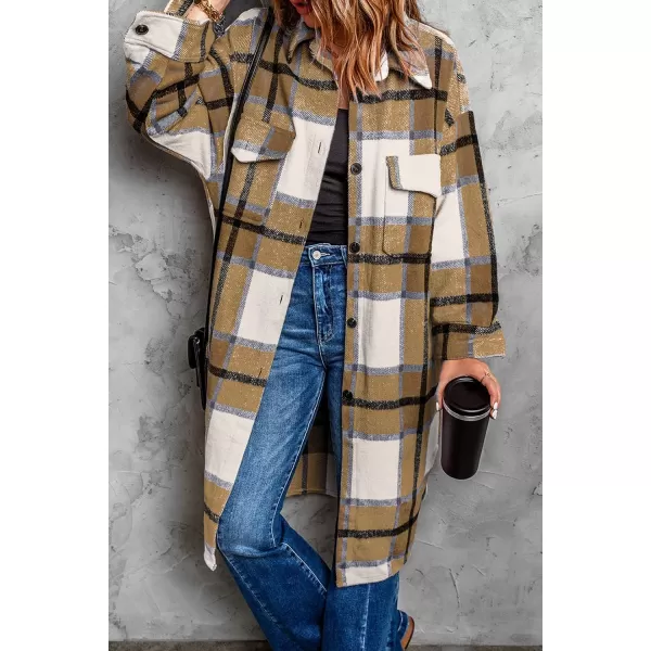 imagePRETTYGARDEN Womens 2024 Plaid Shacket Jacket Long Sleeve Button Down Shirts Fashion Winter Wool CoatsKhaki