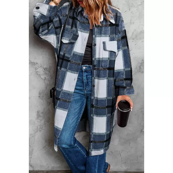 imagePRETTYGARDEN Womens 2024 Plaid Shacket Jacket Long Sleeve Button Down Shirts Fashion Winter Wool CoatsNavy