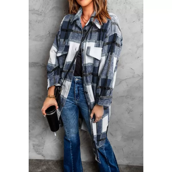 imagePRETTYGARDEN Womens 2024 Plaid Shacket Jacket Long Sleeve Button Down Shirts Fashion Winter Wool CoatsNavy
