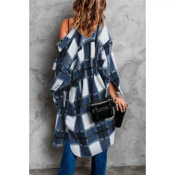 imagePRETTYGARDEN Womens 2024 Plaid Shacket Jacket Long Sleeve Button Down Shirts Fashion Winter Wool CoatsNavy