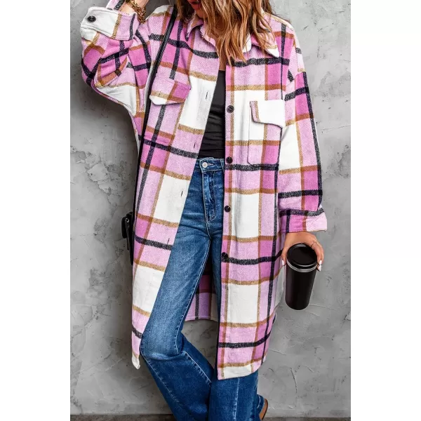 imagePRETTYGARDEN Womens 2024 Plaid Shacket Jacket Long Sleeve Button Down Shirts Fashion Winter Wool CoatsPink