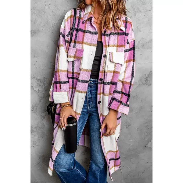 imagePRETTYGARDEN Womens 2024 Plaid Shacket Jacket Long Sleeve Button Down Shirts Fashion Winter Wool CoatsPink