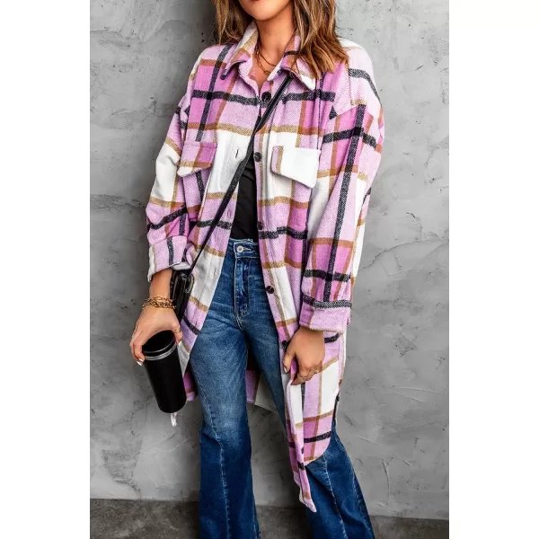 imagePRETTYGARDEN Womens 2024 Plaid Shacket Jacket Long Sleeve Button Down Shirts Fashion Winter Wool CoatsPink