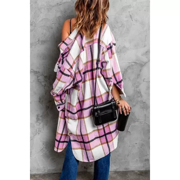 imagePRETTYGARDEN Womens 2024 Plaid Shacket Jacket Long Sleeve Button Down Shirts Fashion Winter Wool CoatsPink