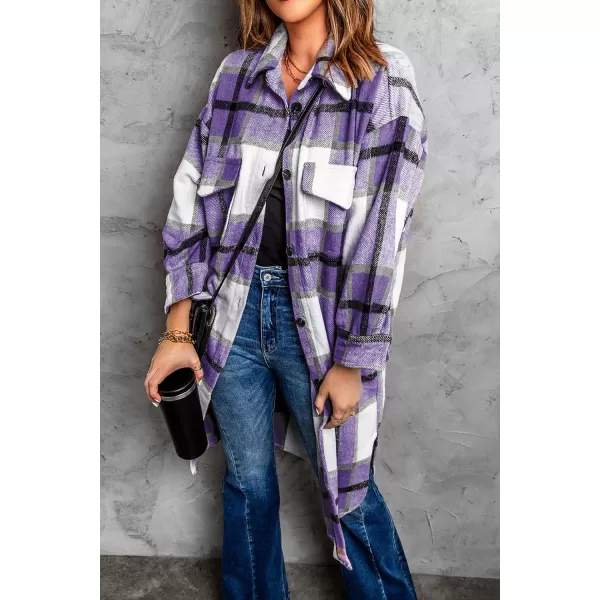 imagePRETTYGARDEN Womens 2024 Plaid Shacket Jacket Long Sleeve Button Down Shirts Fashion Winter Wool CoatsPurple