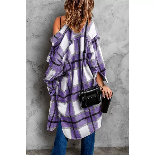 imagePRETTYGARDEN Womens 2024 Plaid Shacket Jacket Long Sleeve Button Down Shirts Fashion Winter Wool CoatsPurple