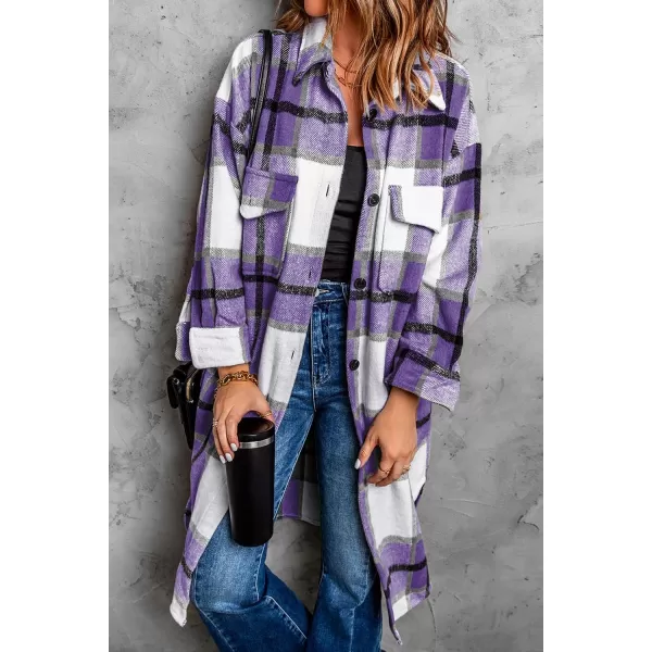 imagePRETTYGARDEN Womens 2024 Plaid Shacket Jacket Long Sleeve Button Down Shirts Fashion Winter Wool CoatsPurple