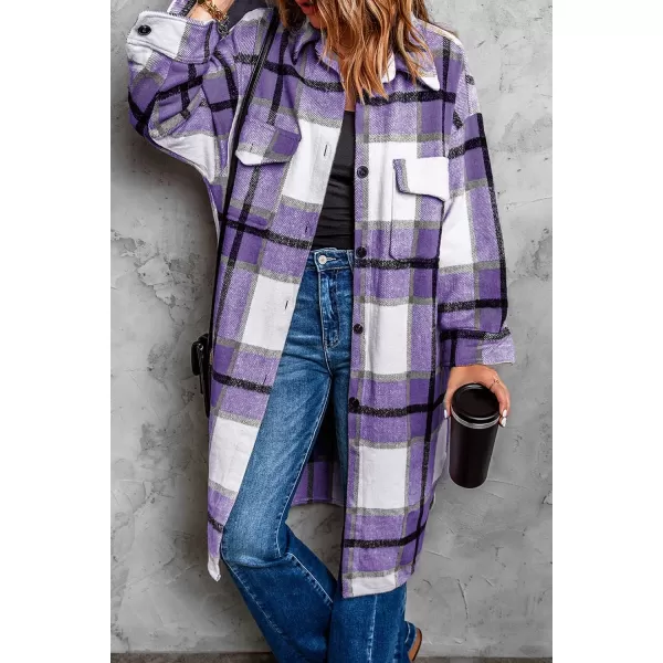 imagePRETTYGARDEN Womens 2024 Plaid Shacket Jacket Long Sleeve Button Down Shirts Fashion Winter Wool CoatsPurple