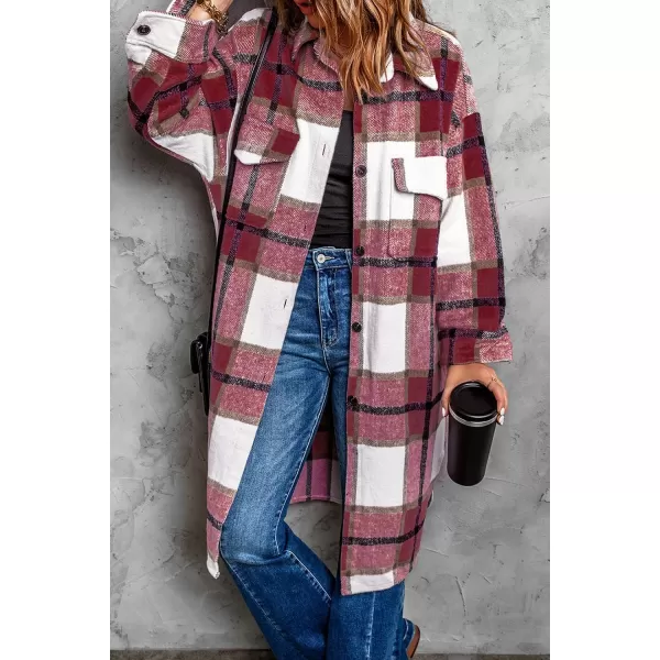 imagePRETTYGARDEN Womens 2024 Plaid Shacket Jacket Long Sleeve Button Down Shirts Fashion Winter Wool CoatsRed