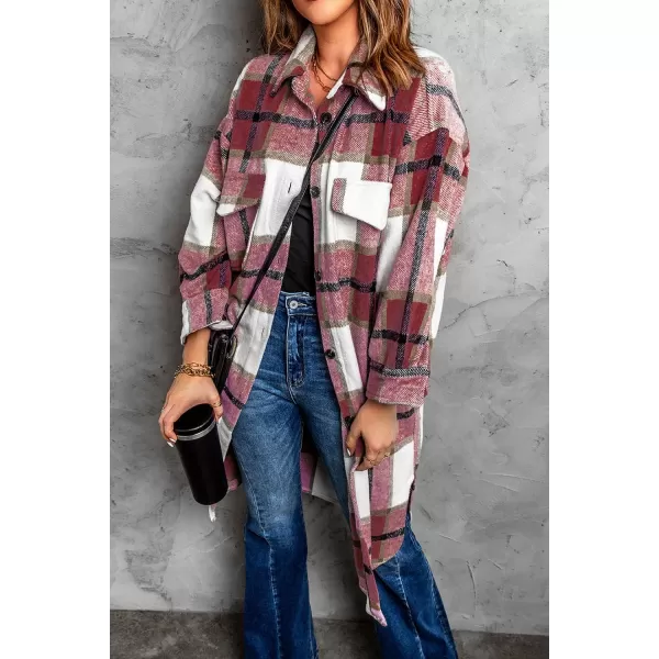 imagePRETTYGARDEN Womens 2024 Plaid Shacket Jacket Long Sleeve Button Down Shirts Fashion Winter Wool CoatsRed