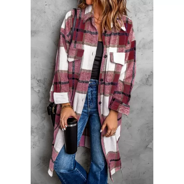 imagePRETTYGARDEN Womens 2024 Plaid Shacket Jacket Long Sleeve Button Down Shirts Fashion Winter Wool CoatsRed