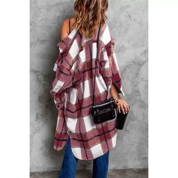 imagePRETTYGARDEN Womens 2024 Plaid Shacket Jacket Long Sleeve Button Down Shirts Fashion Winter Wool CoatsRed