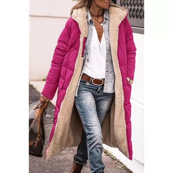 imagePRETTYGARDEN Womens 2024 Winter Fashion Clothes Oversized Shearling Fleece Long Coats JacketsRose Red