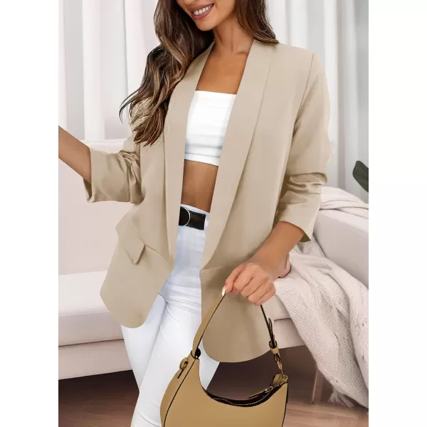 imagePRETTYGARDEN Womens Casual Blazer 2024 Fall Fashion Long Sleeve Open Front Work Office Suit JacketsBeige White