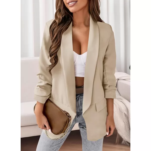 imagePRETTYGARDEN Womens Casual Blazer 2024 Fall Fashion Long Sleeve Open Front Work Office Suit JacketsBeige White