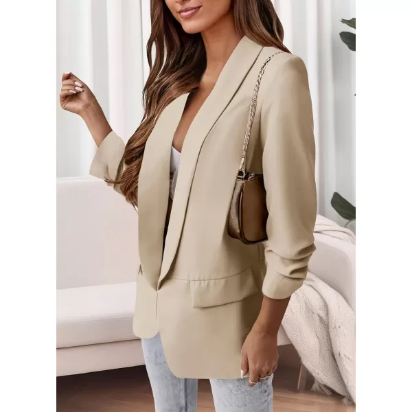 imagePRETTYGARDEN Womens Casual Blazer 2024 Fall Fashion Long Sleeve Open Front Work Office Suit JacketsBeige White
