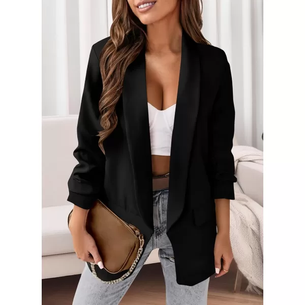 imagePRETTYGARDEN Womens Casual Blazer 2024 Fall Fashion Long Sleeve Open Front Work Office Suit JacketsBlack
