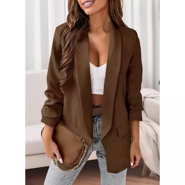 imagePRETTYGARDEN Womens Casual Blazer 2024 Fall Fashion Long Sleeve Open Front Work Office Suit JacketsCoffee