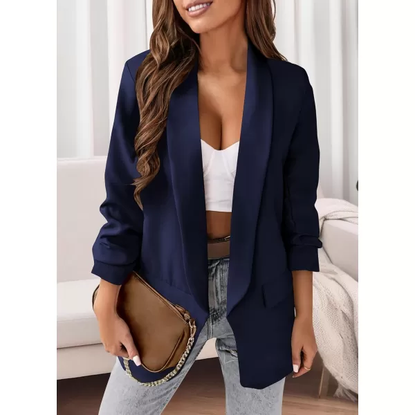 imagePRETTYGARDEN Womens Casual Blazer 2024 Fall Fashion Long Sleeve Open Front Work Office Suit JacketsDark Blue