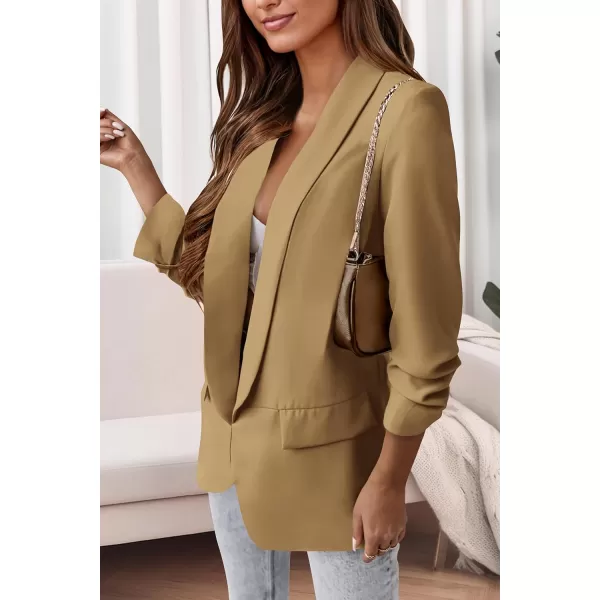 imagePRETTYGARDEN Womens Casual Blazer 2024 Fall Fashion Long Sleeve Open Front Work Office Suit JacketsKhaki