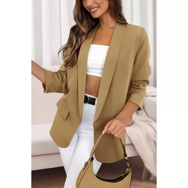 imagePRETTYGARDEN Womens Casual Blazer 2024 Fall Fashion Long Sleeve Open Front Work Office Suit JacketsKhaki