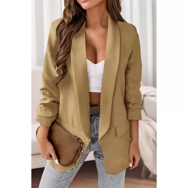 imagePRETTYGARDEN Womens Casual Blazer 2024 Fall Fashion Long Sleeve Open Front Work Office Suit JacketsKhaki